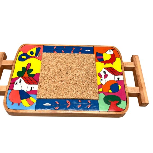 El Salvador Hand-Painted Wooden Trivet Hot Pad Colorful Folk Art Design Cork - Picture 4 of 8